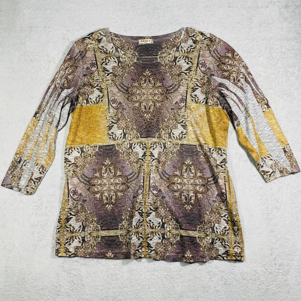 Studio Gem Co Tunic Top Women XXL Purple Gold Baroque Rhinestone 3/4 Sleeve